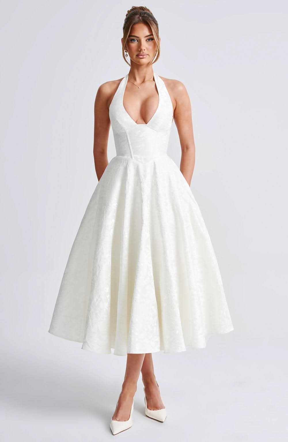 Fernanda halter wedding guest midi dress - front view