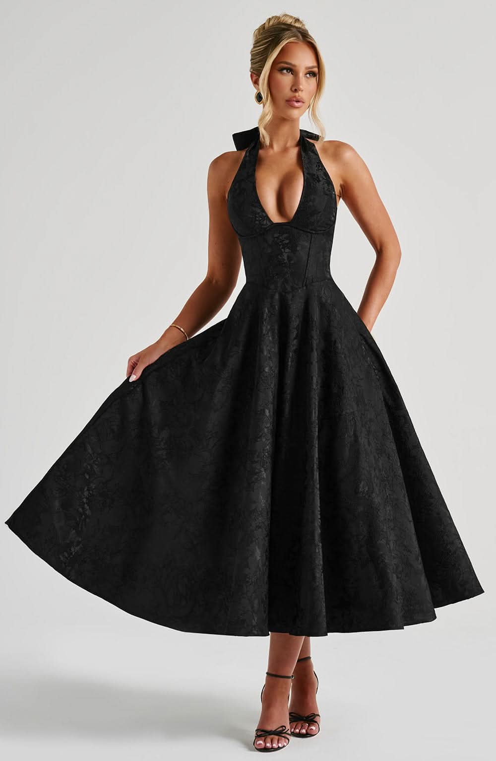 Fernanda halter wedding guest midi dress - full look 2