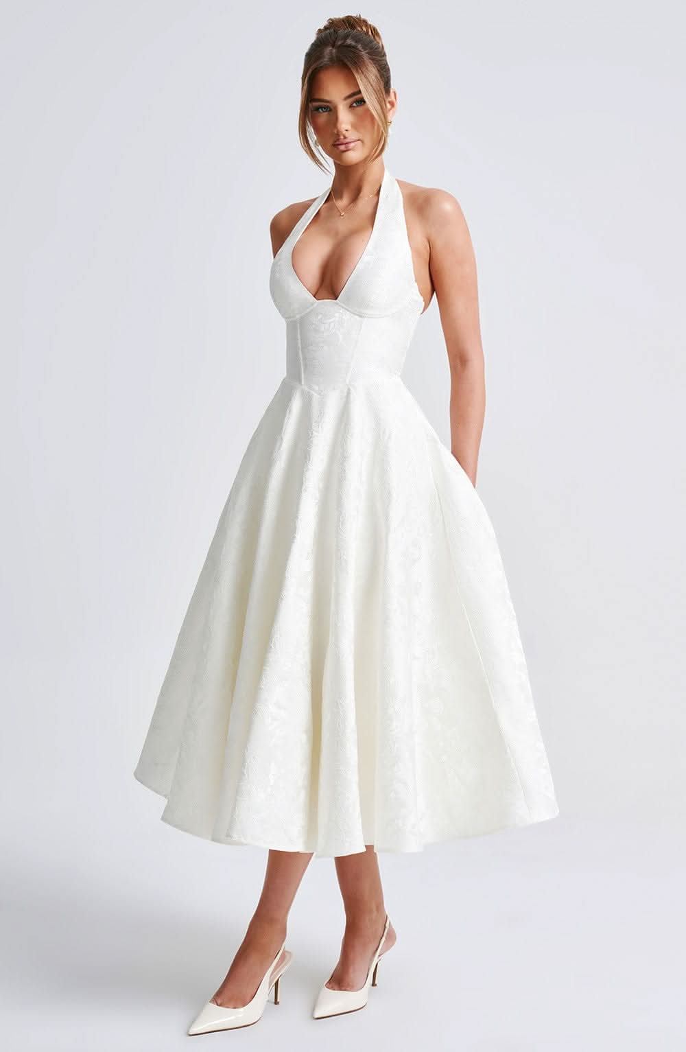 Fernanda halter wedding guest midi dress - side view