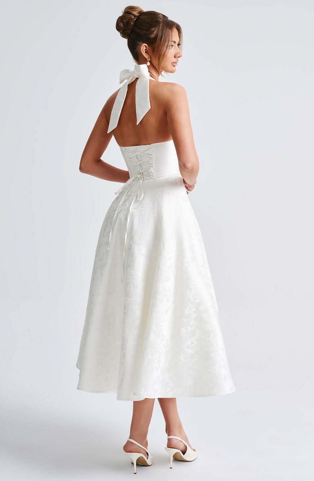 Fernanda halter wedding guest midi dress - back view