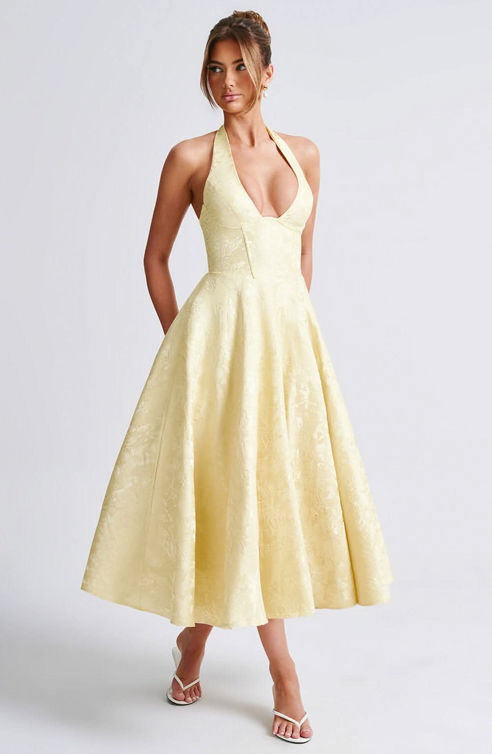 Fernanda halter wedding guest midi dress - bodice detail