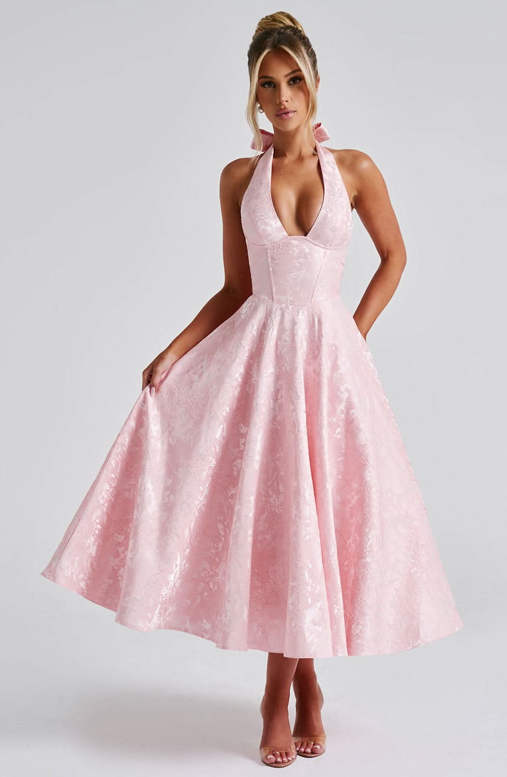 Fernanda halter wedding guest midi dress - colour Pink