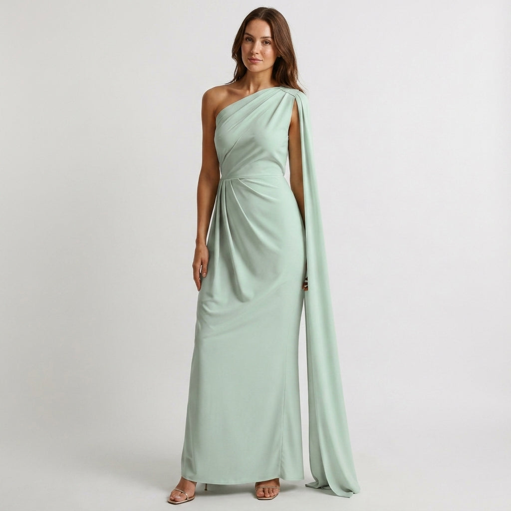 Fiona one shoulder cape wedding guest maxi dress - front view