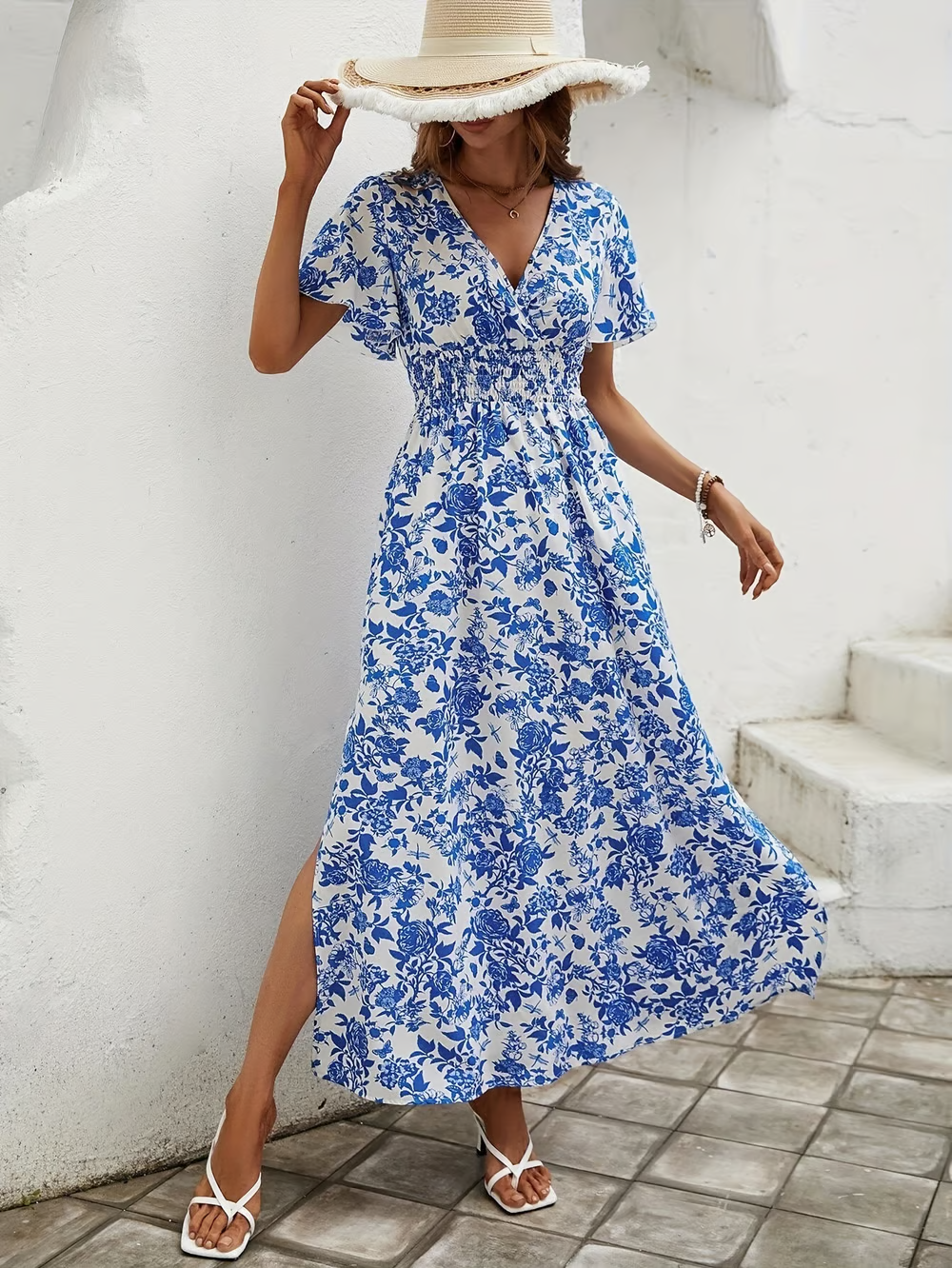 Freda floral V neck maxi dress - full look
