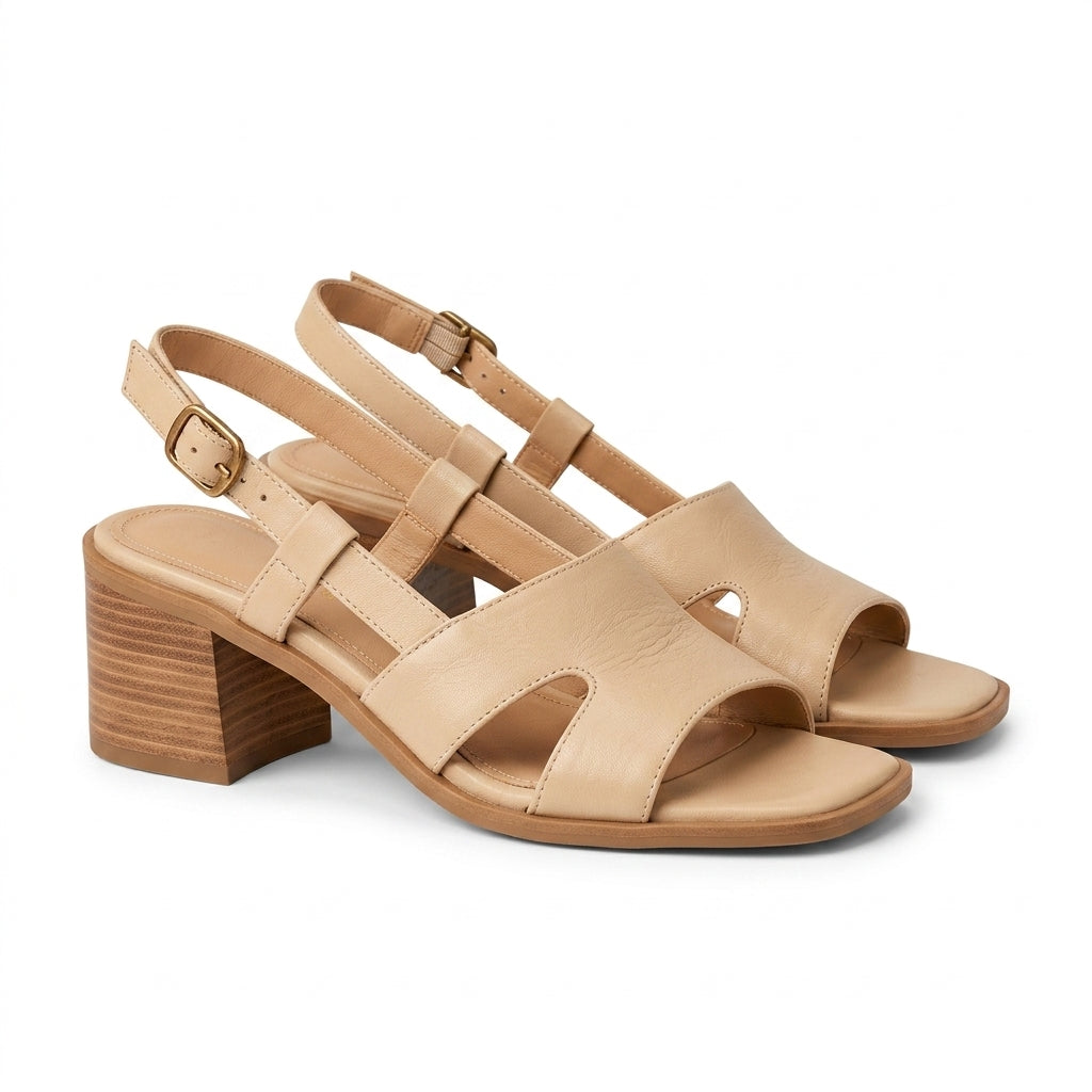 Freya beige square toe block heel sandals - front view
