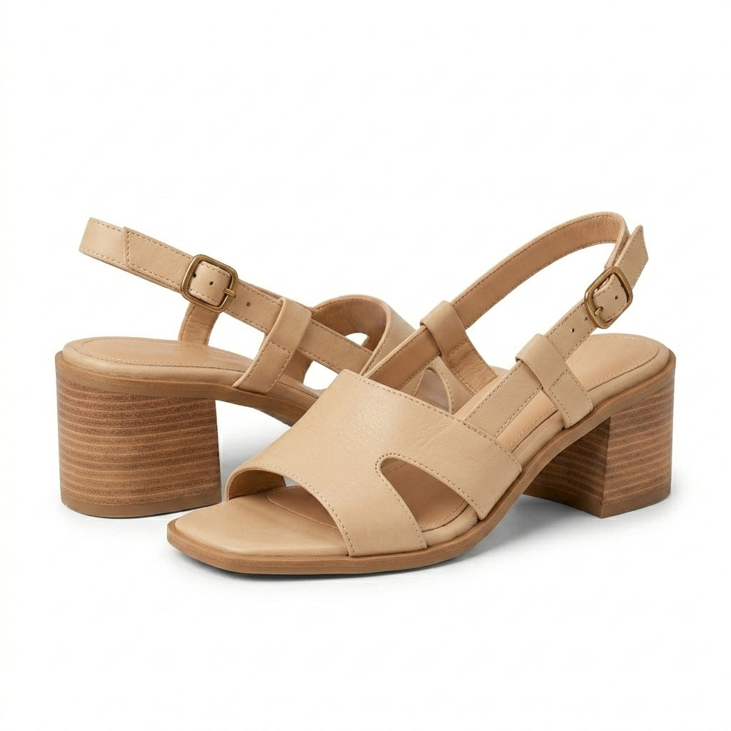 Freya beige square toe block heel sandals - side view