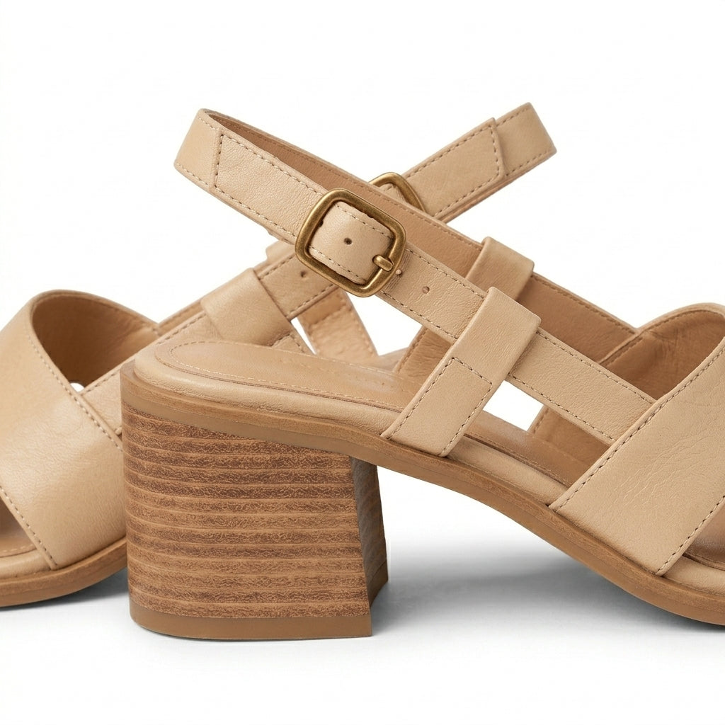 Freya beige square toe block heel sandals - detail view