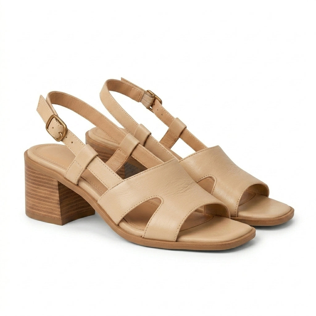 Freya beige square toe block heel sandals - full look