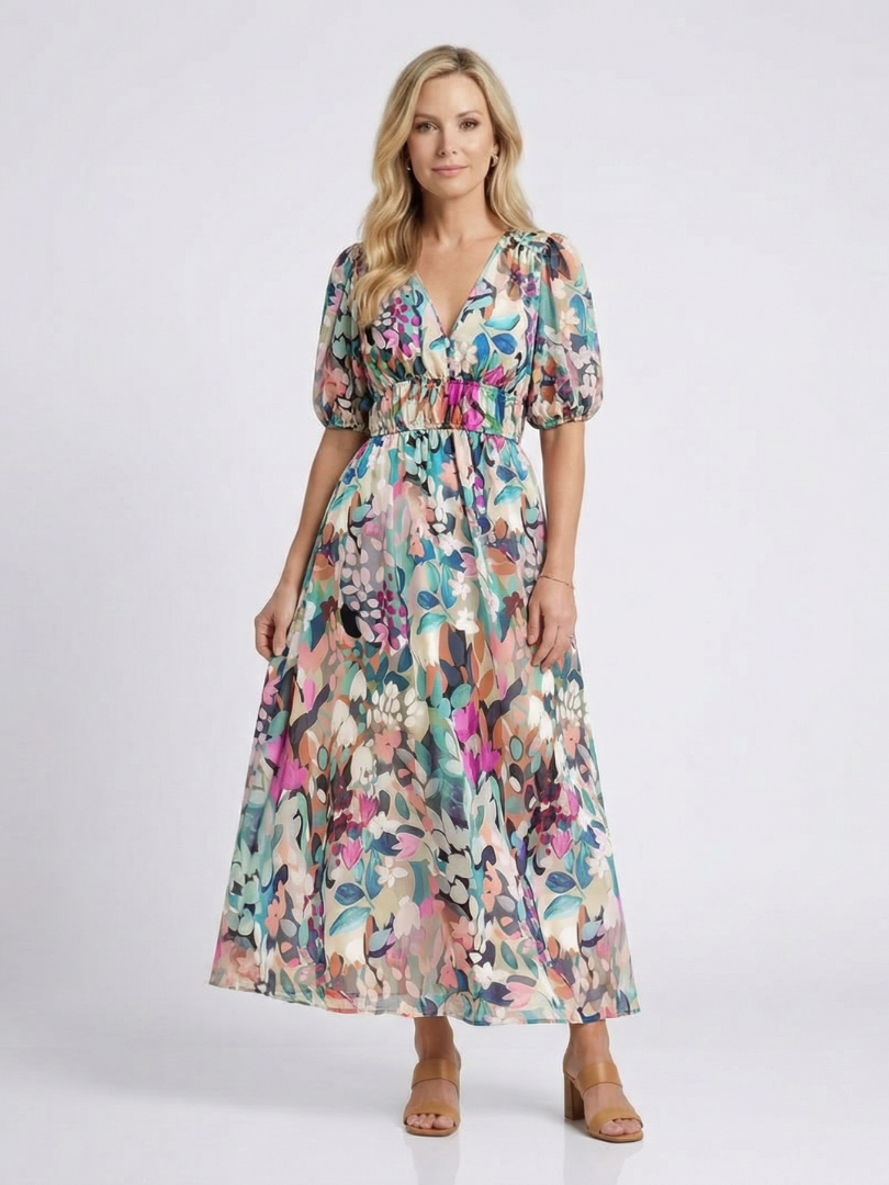 Frieda floral V neck midi dress - front view