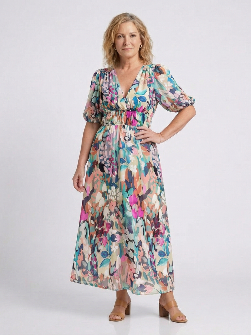 Frieda floral V neck midi dress - back view