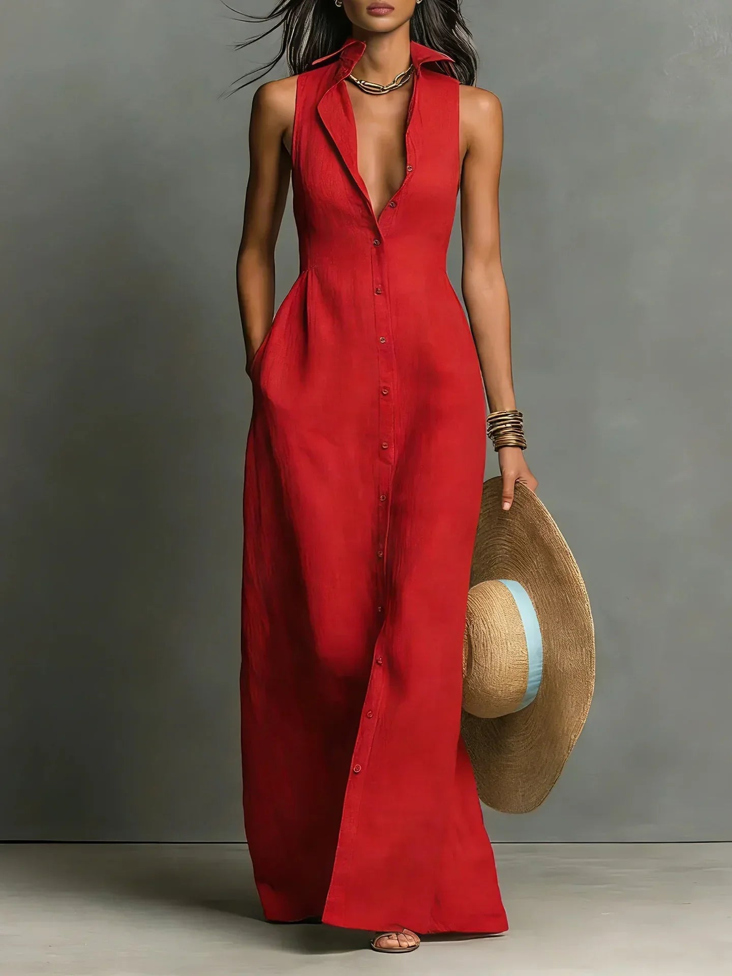 Georgette button down sleeveless maxi dress - front view