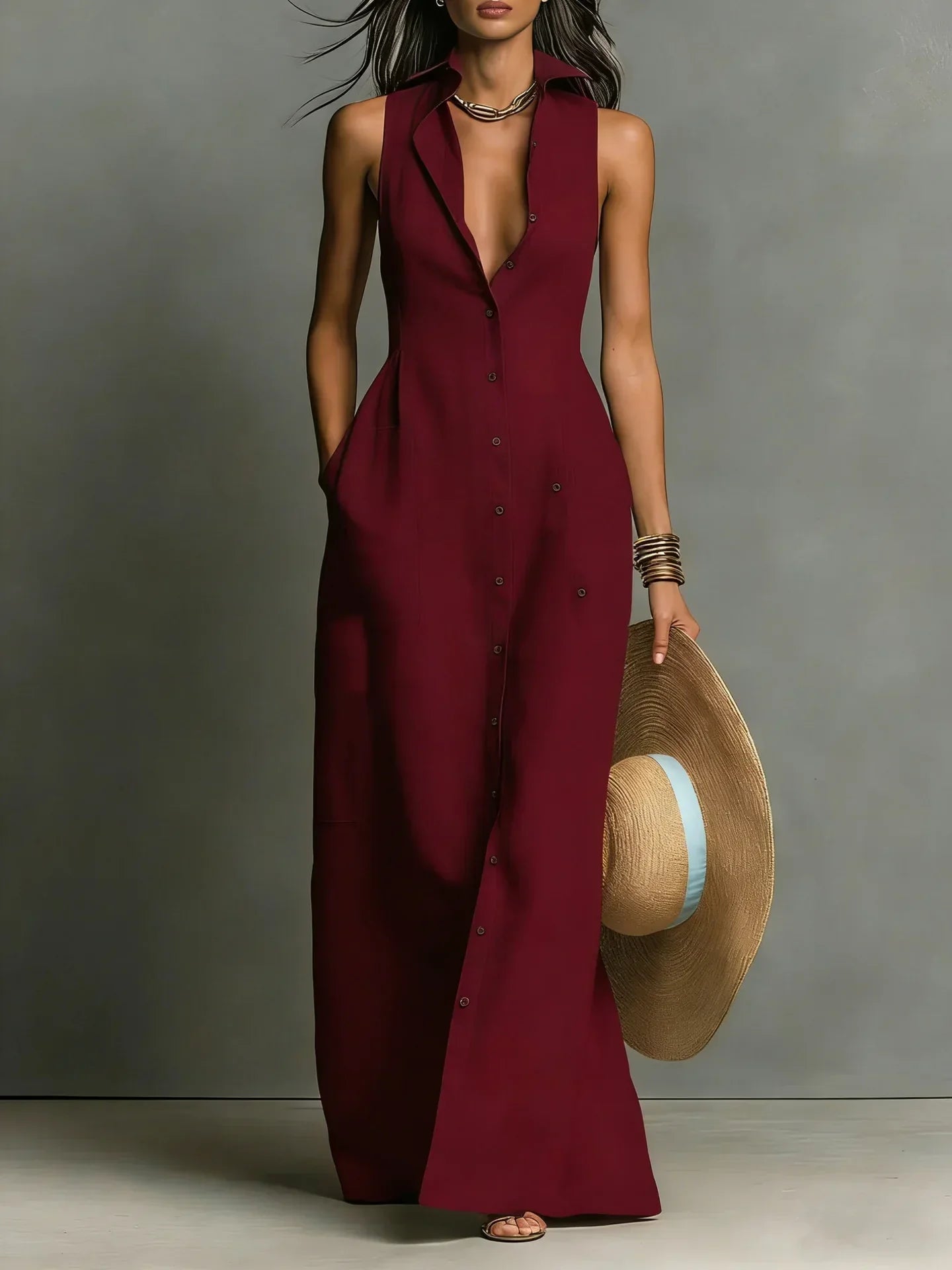 Georgette button down sleeveless maxi dress - side view