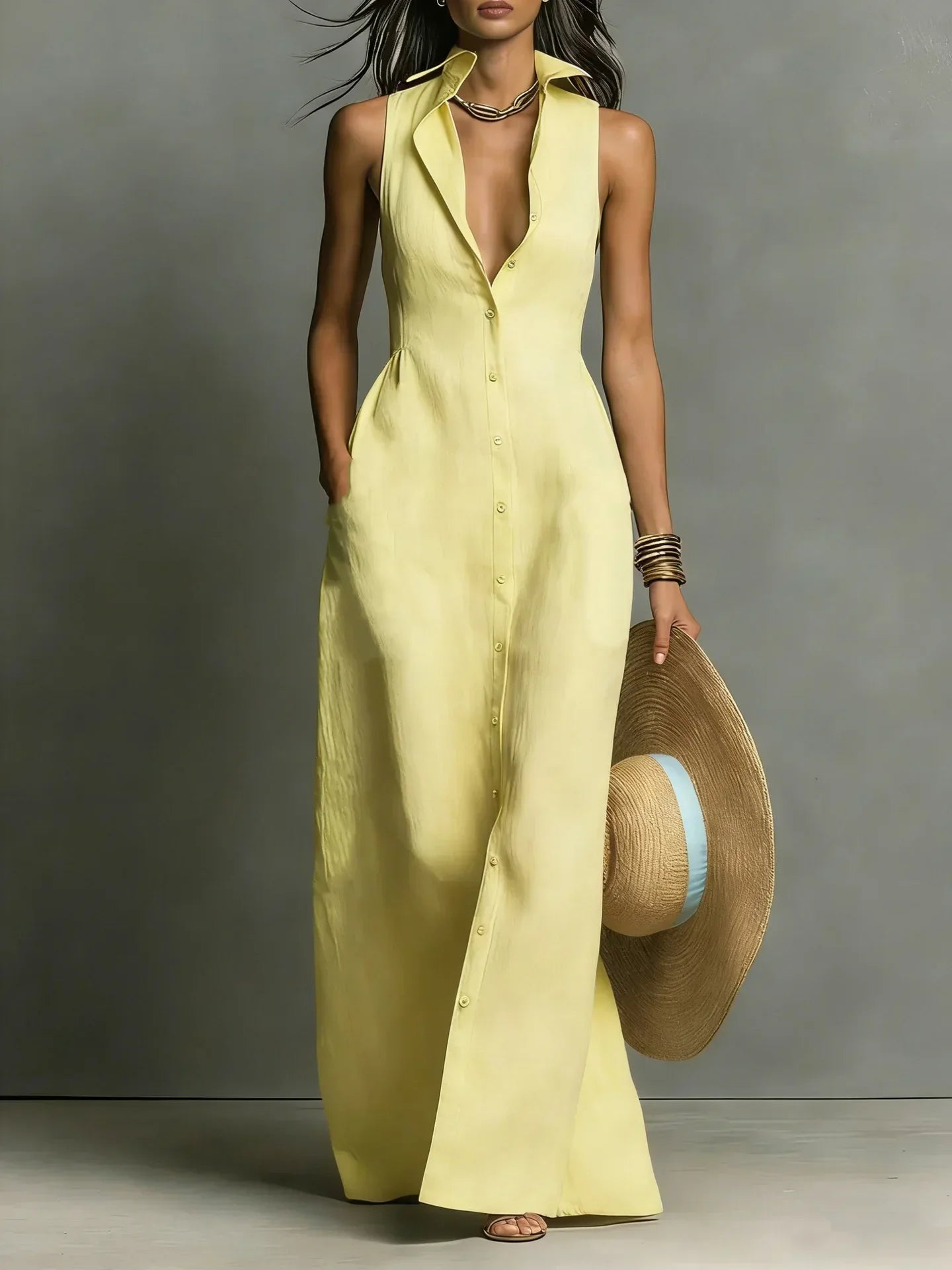 Georgette button down sleeveless maxi dress - back view