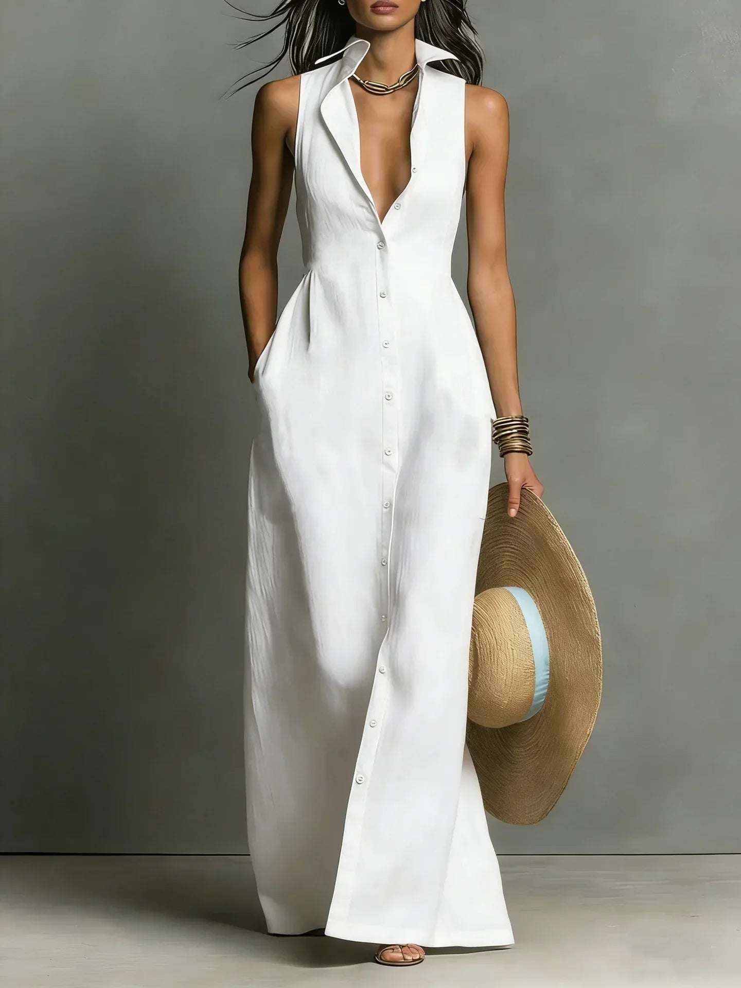 Georgette button down sleeveless maxi dress - collar detail