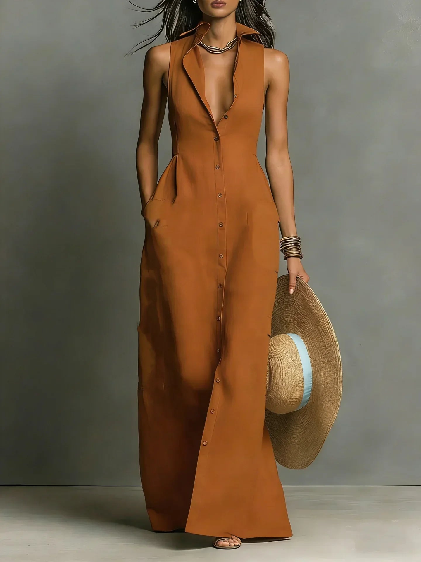 Georgette button down sleeveless maxi dress - styled outfit