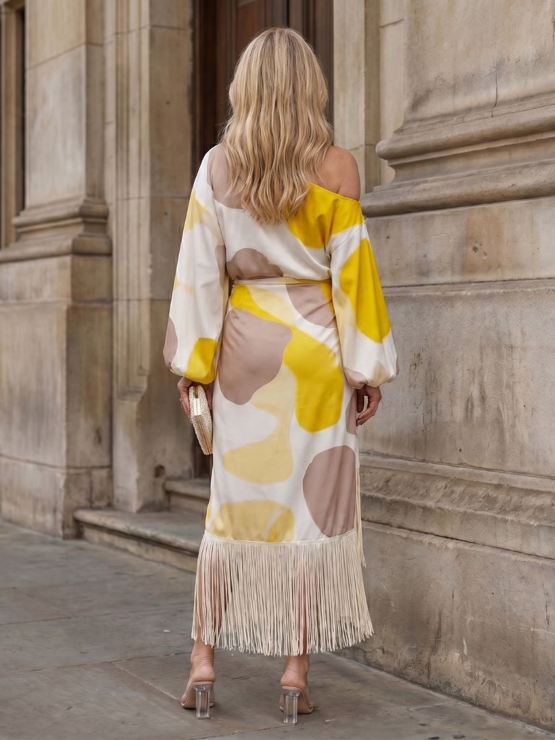 Gilda one shoulder fringe wrap midi dress - styled outfit