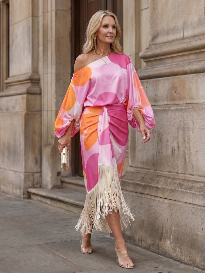 Gilda one shoulder fringe wrap midi dress - full look