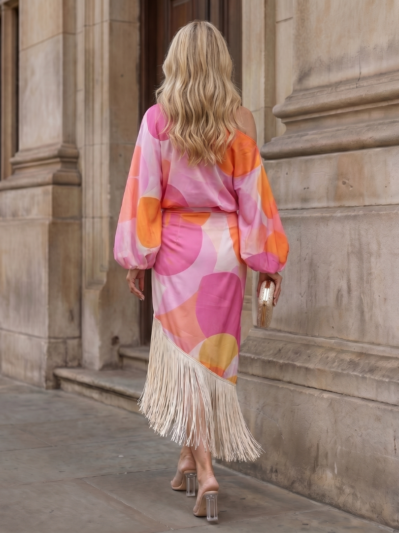 Gilda one shoulder fringe wrap midi dress - close up