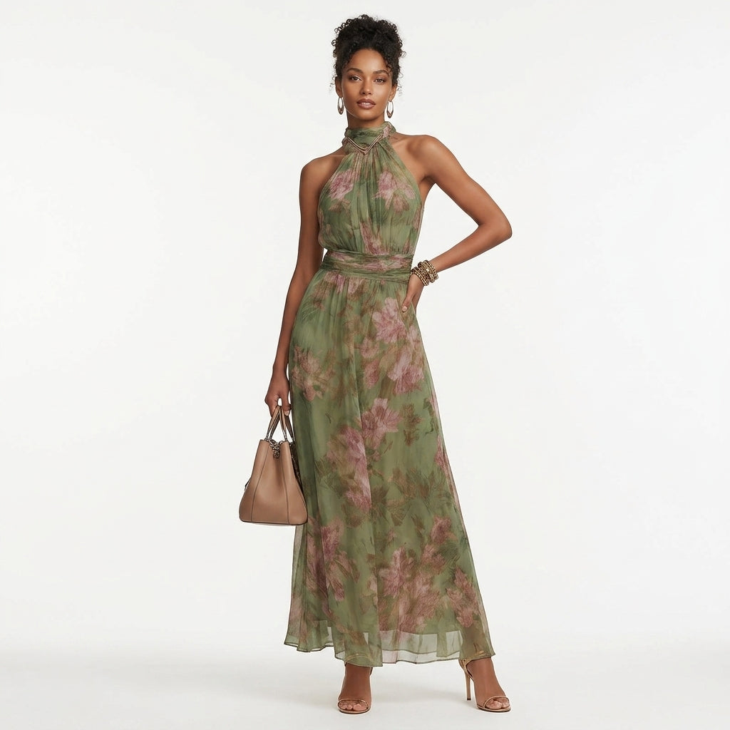 Gwendolyn floral halter wedding guest maxi dress - front view