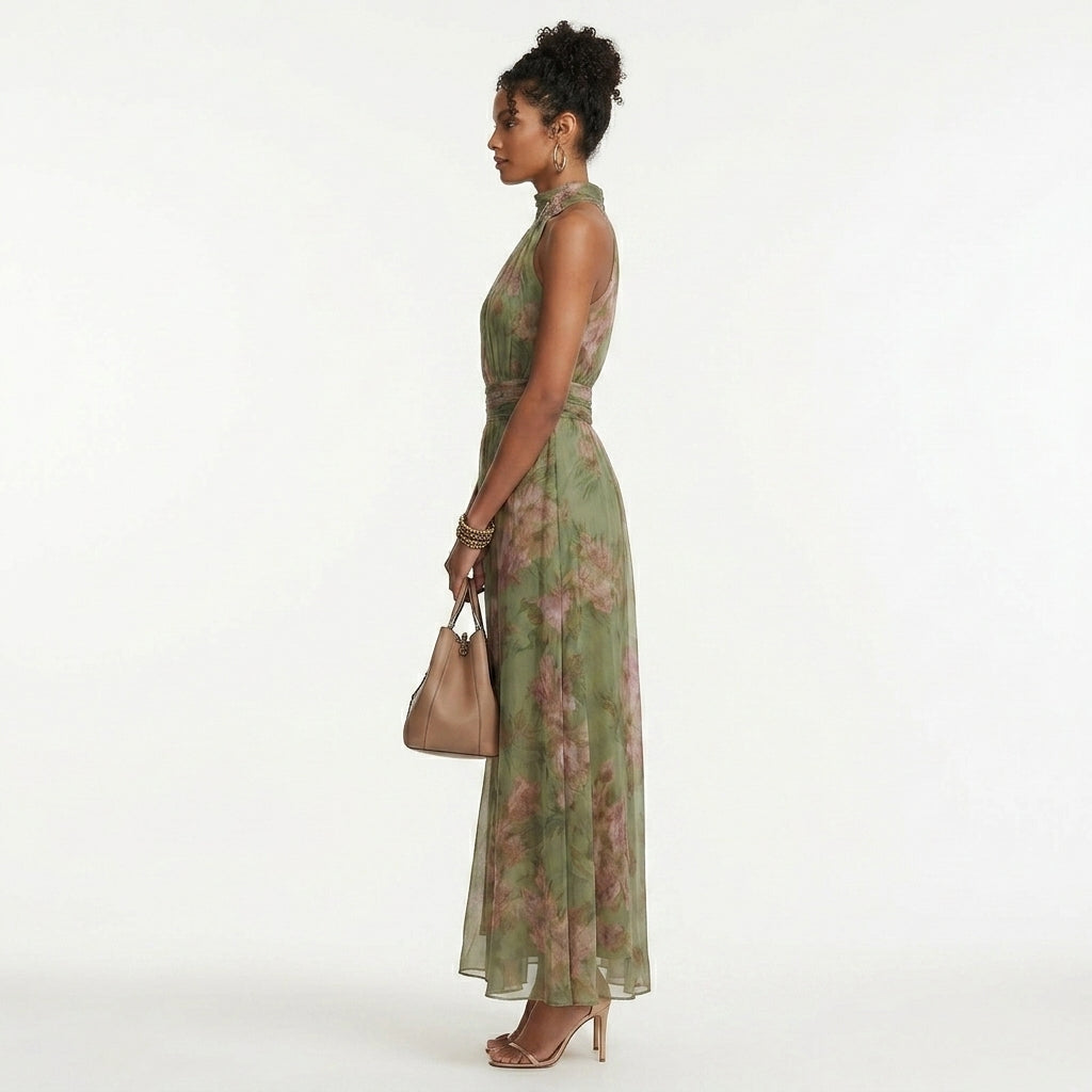 Gwendolyn floral halter wedding guest maxi dress - side view