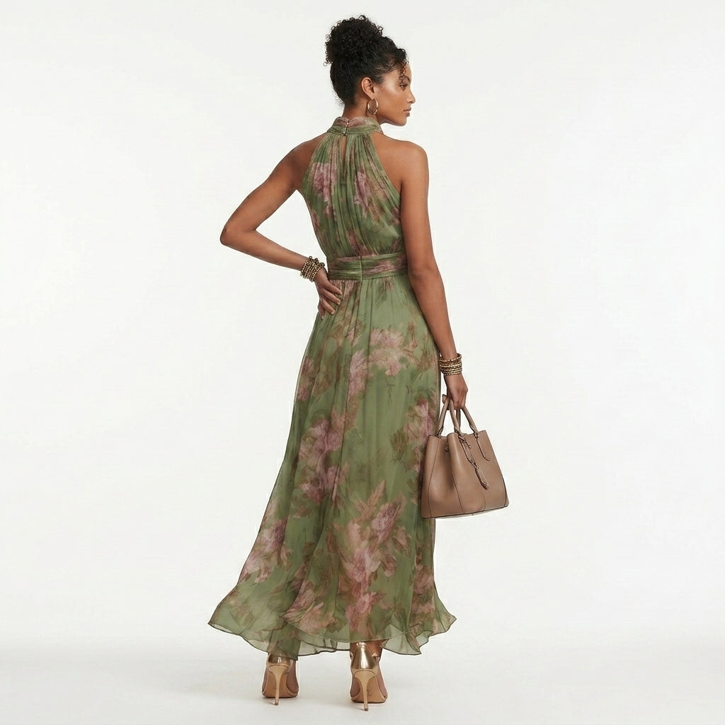 Gwendolyn floral halter wedding guest maxi dress - back view