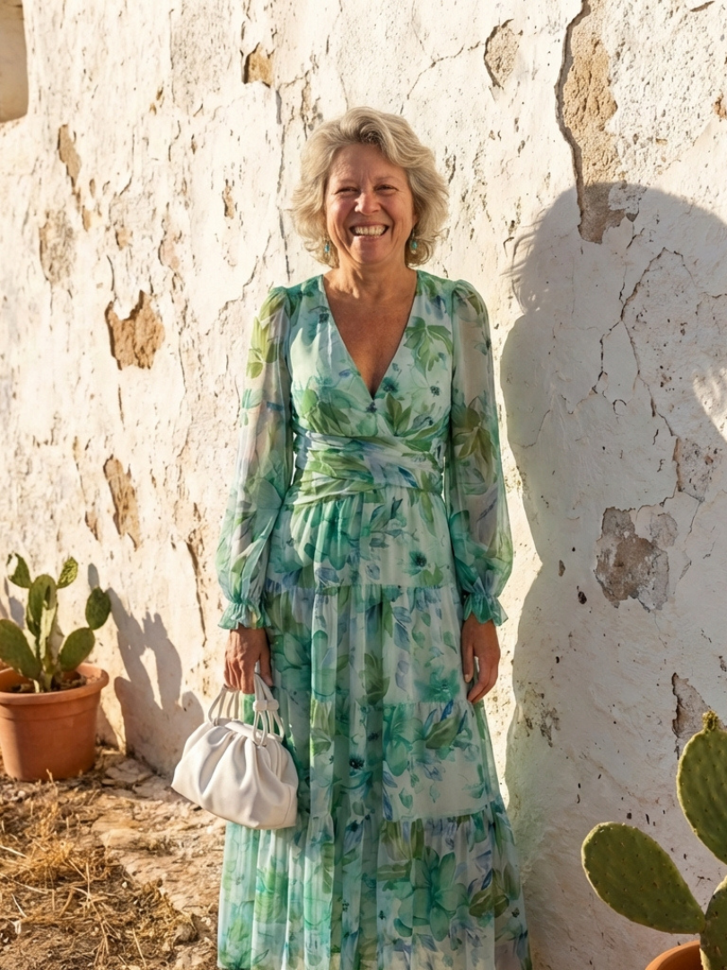 Woman in a green floral dress standing against a textured wall with plants around.