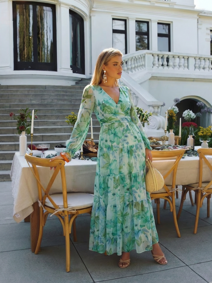 Woman in a floral dress standing in front of an elegant outdoor setting with tables and chairs.