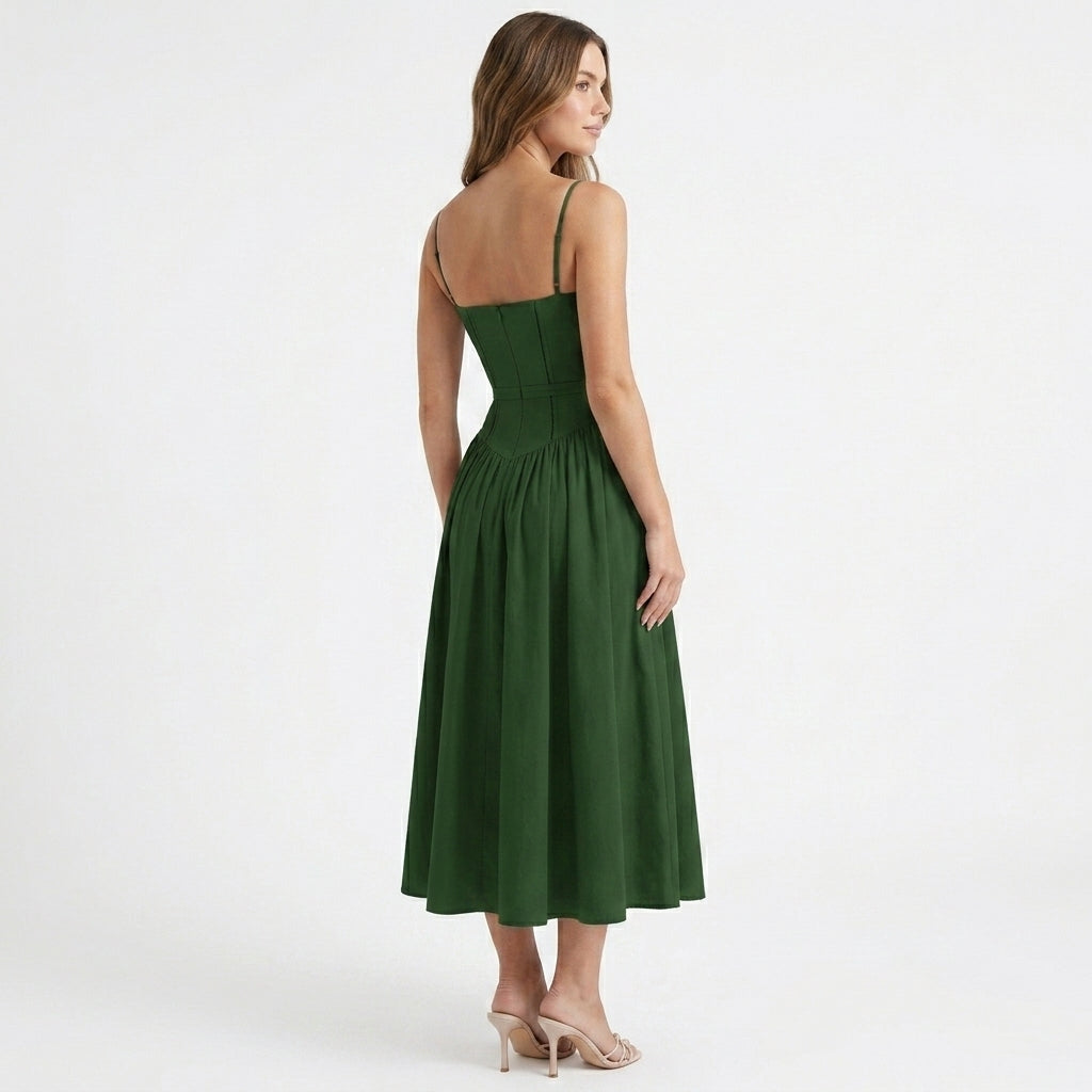 Henrietta corset wedding guest midi dress - back view
