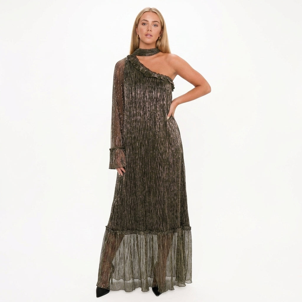 Ingrid one shoulder metallic pleated maxi dress - front view