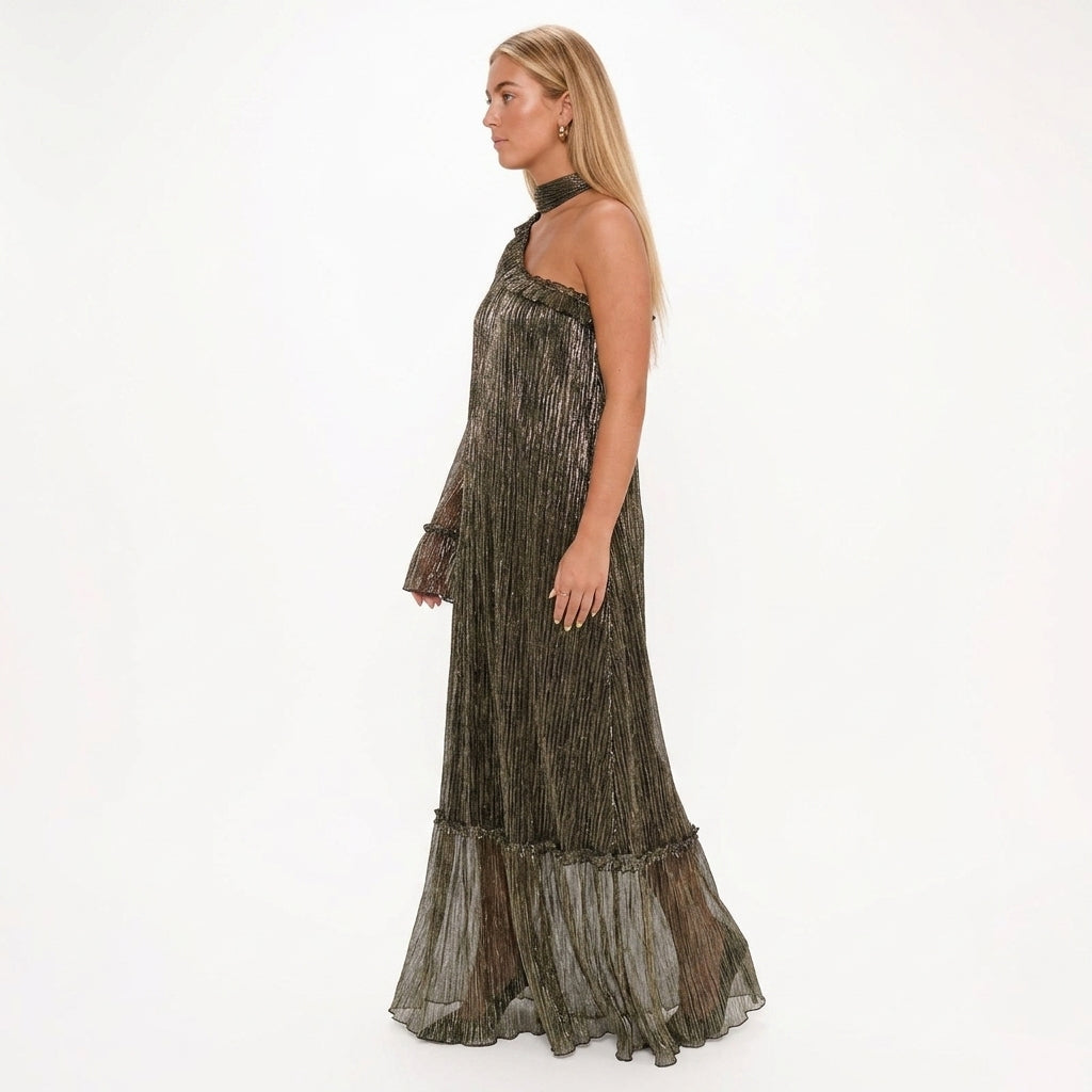 Ingrid one shoulder metallic pleated maxi dress - side view