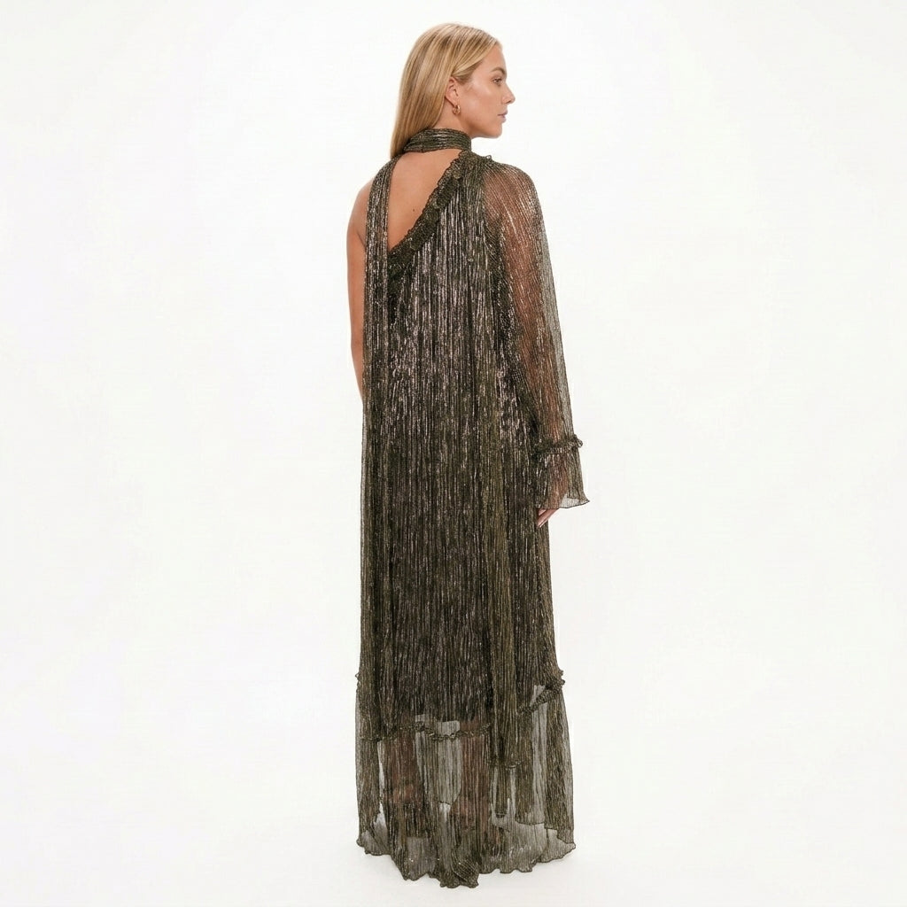 Ingrid one shoulder metallic pleated maxi dress - back view