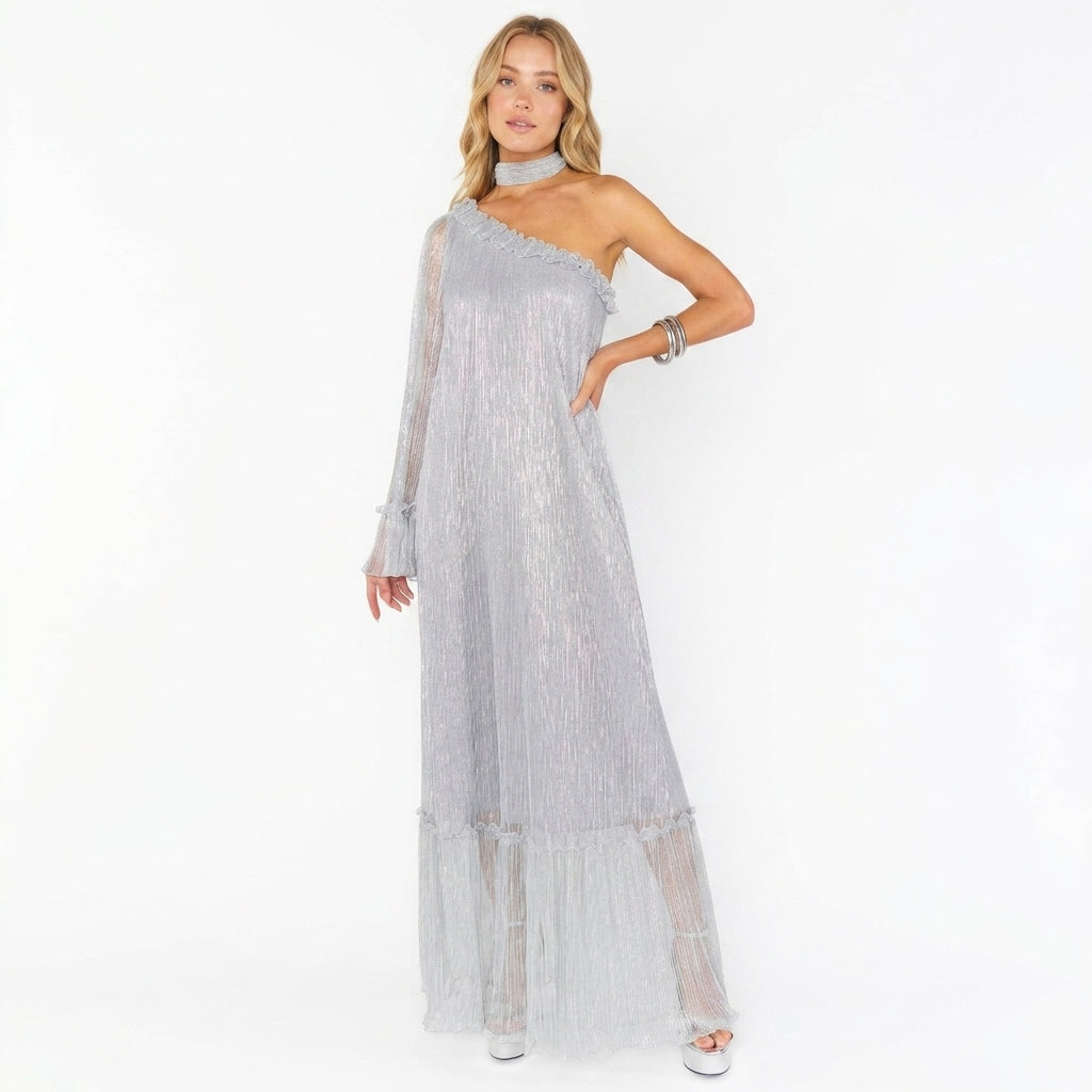 Ingrid one shoulder metallic pleated maxi dress - fabric detail