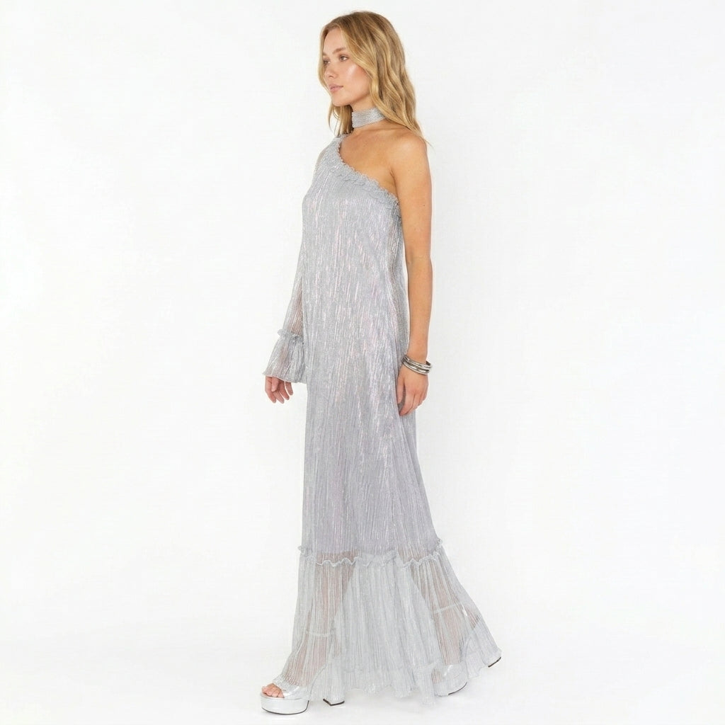 Ingrid one shoulder metallic pleated maxi dress - styled outfit