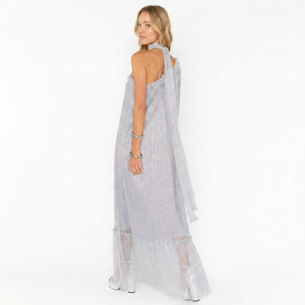 Ingrid one shoulder metallic pleated maxi dress - full look