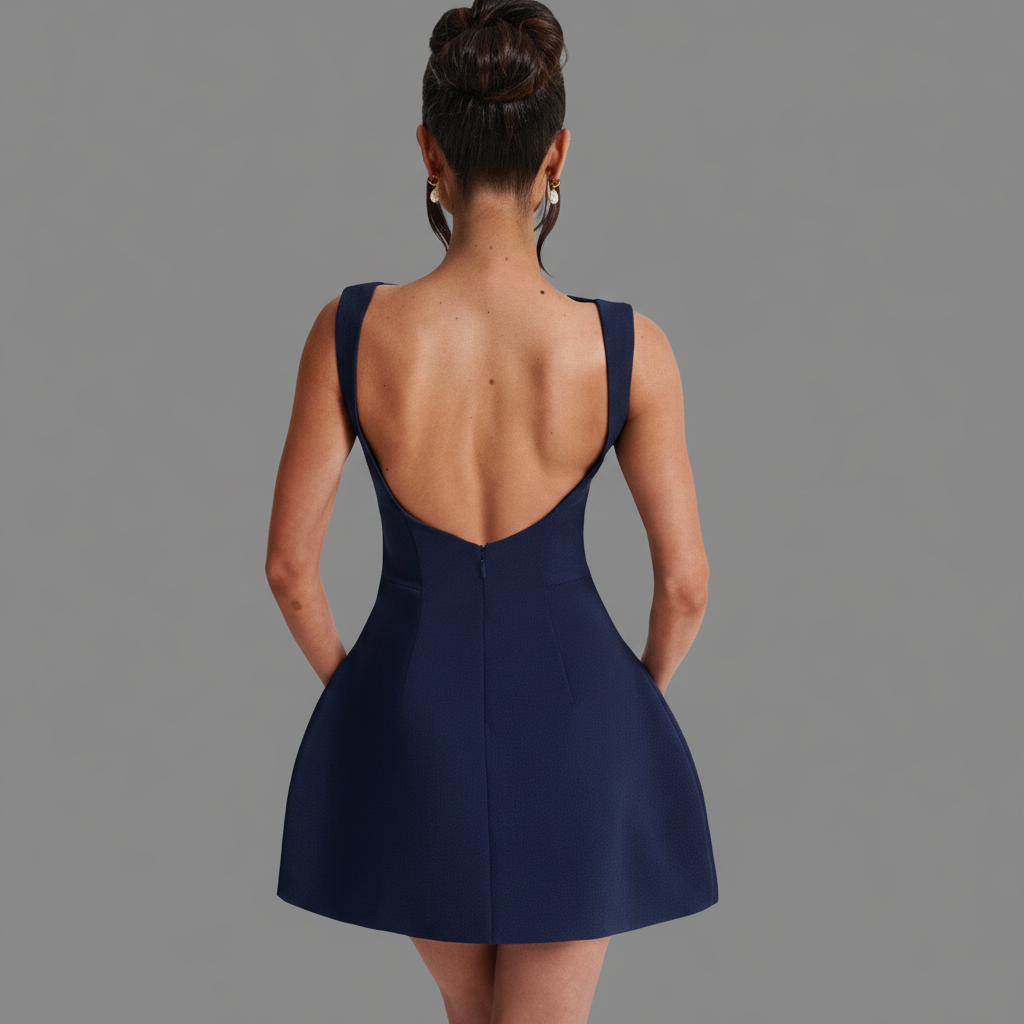 Navy blue dress with open back worn by a model on a gray background