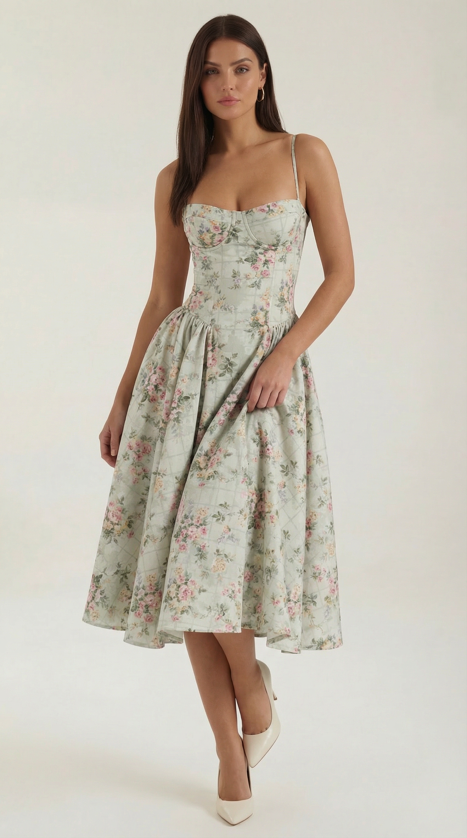 Isolde floral corset wedding guest midi dress - front view