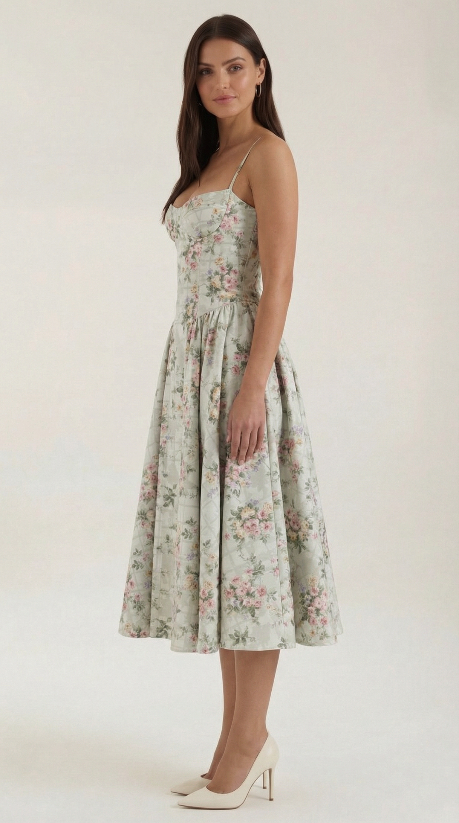 Isolde floral corset wedding guest midi dress - side view