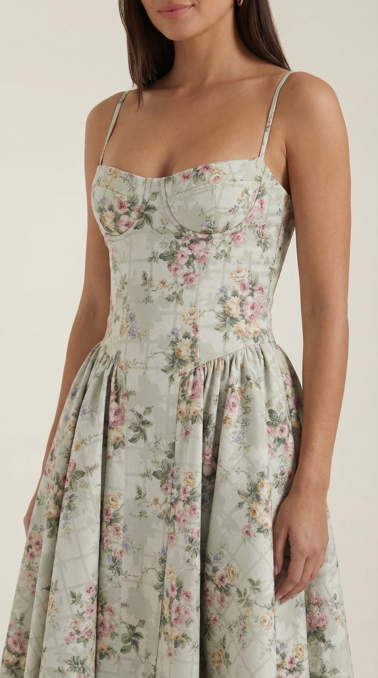 Isolde floral corset wedding guest midi dress - back view