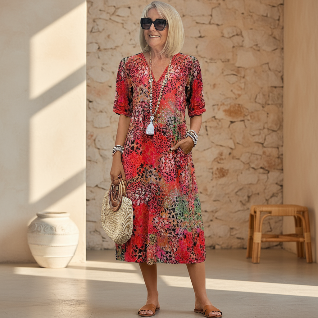 Jocasta vibrant pattern midi dress - front view