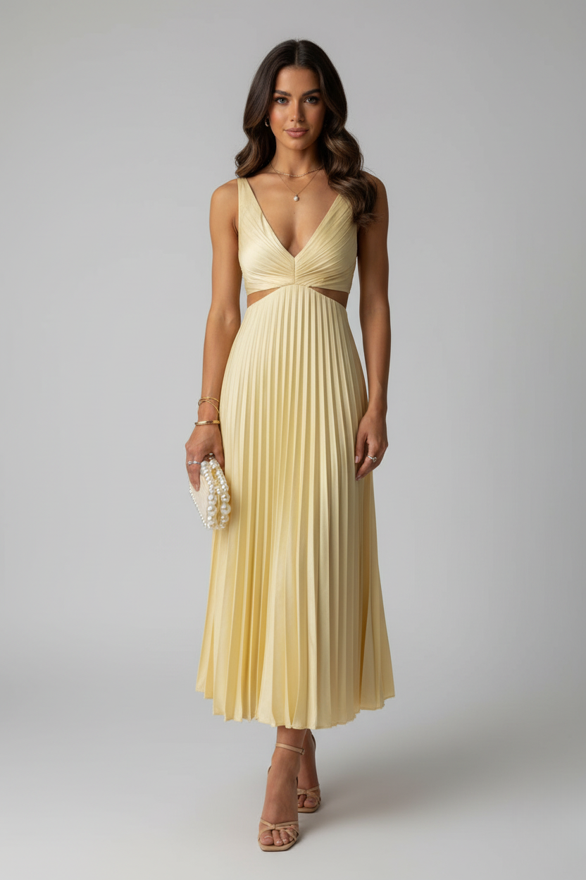 Katrina V neck pleated midi dress - front view