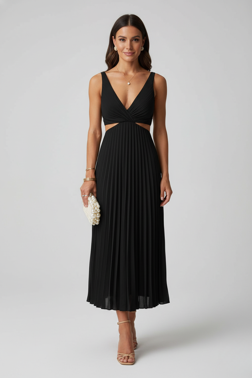 Katrina V neck pleated midi dress - back view