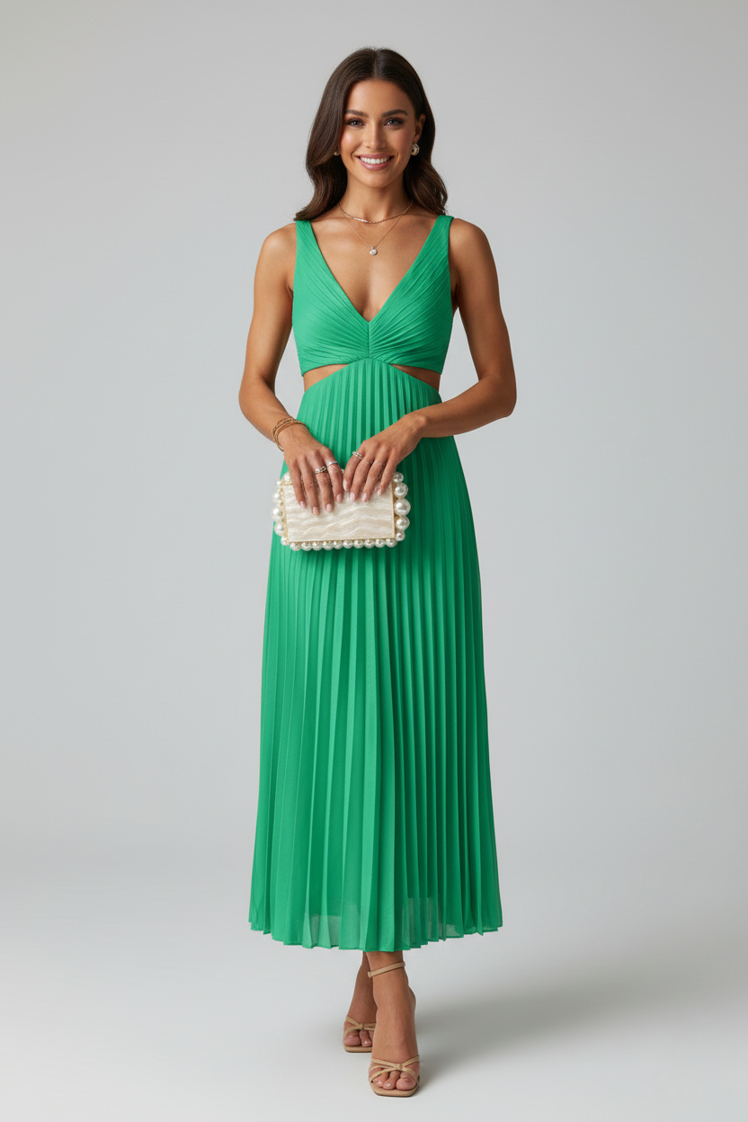 Katrina V neck pleated midi dress - fabric detail