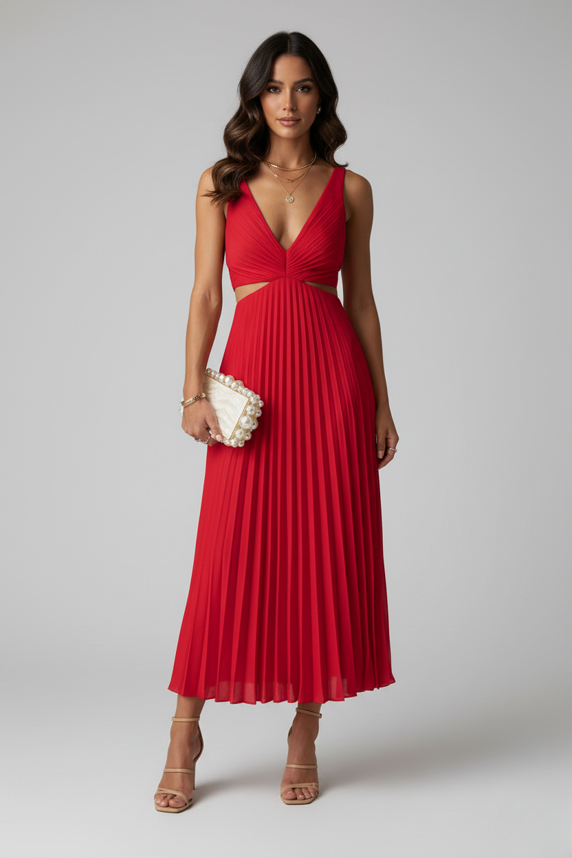 Katrina V neck pleated midi dress - color option