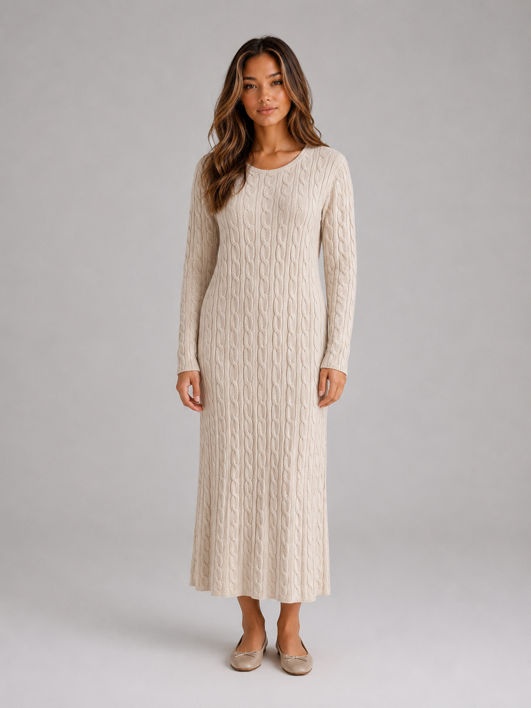Leora cable knit long sleeve maxi dress - front view