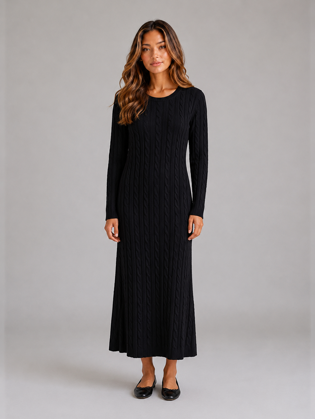 Leora cable knit long sleeve maxi dress - styled outfit