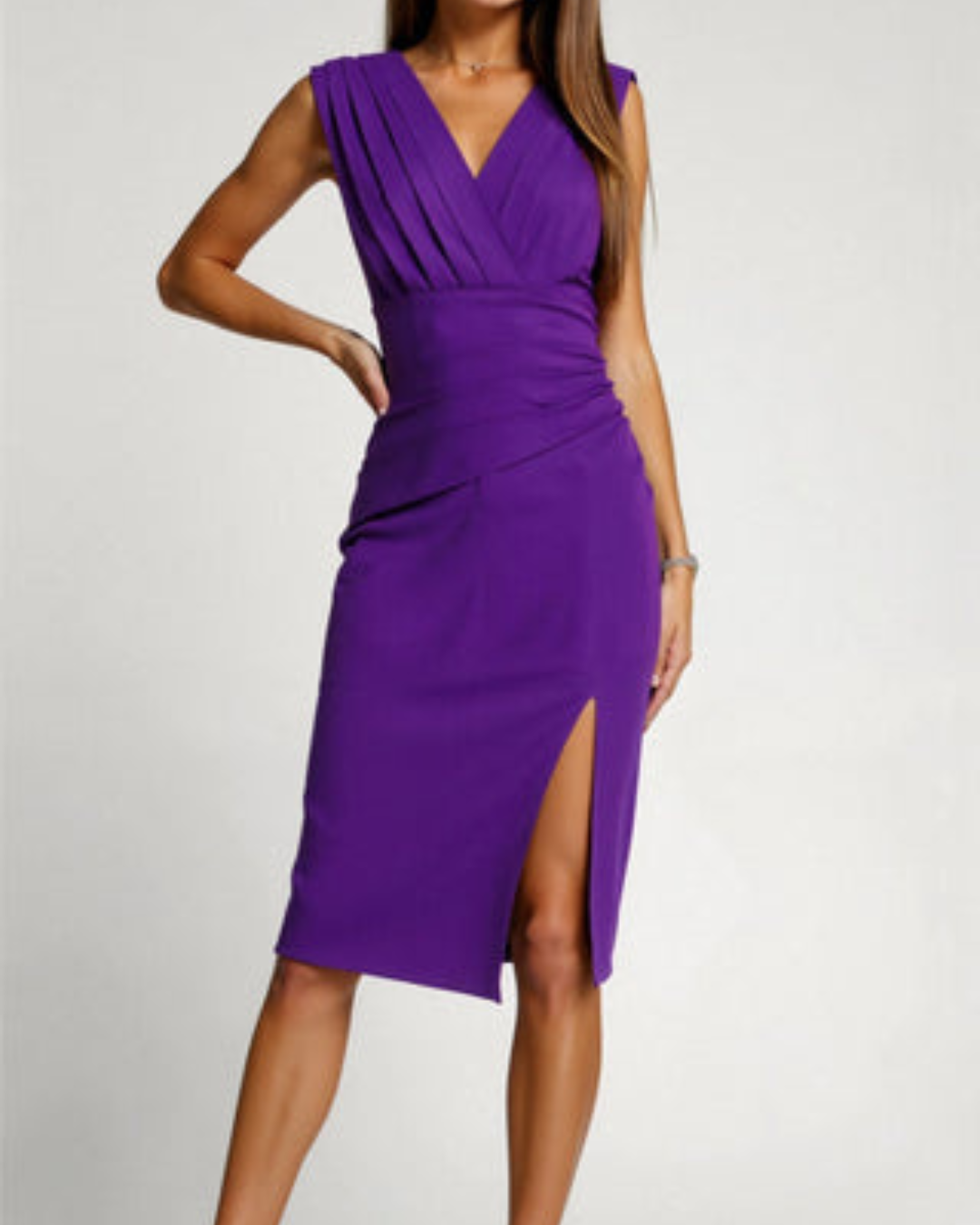 Liesel V neck wedding guest midi dress - full look