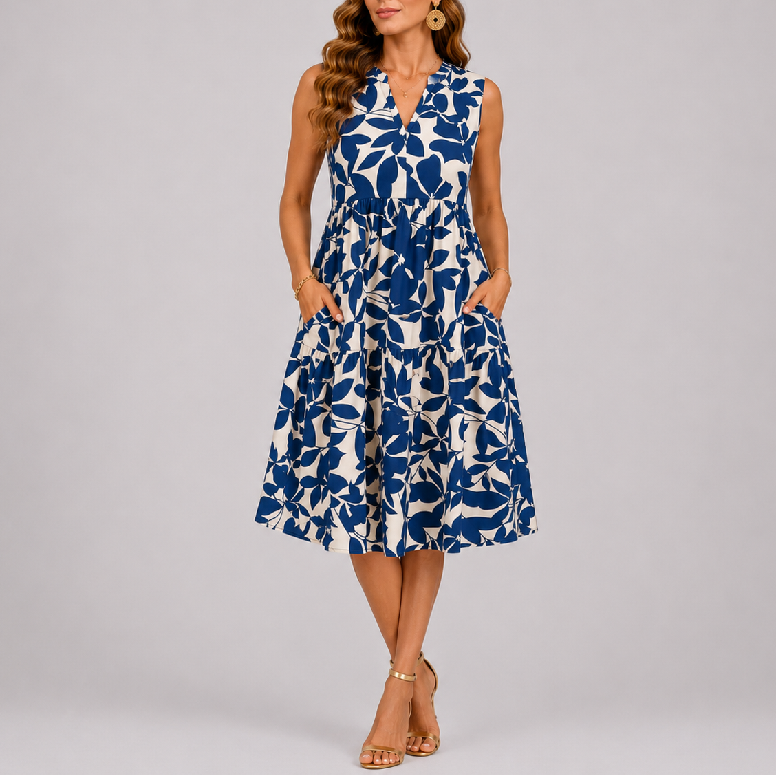 Loretta tiered leaf print midi dress - back view