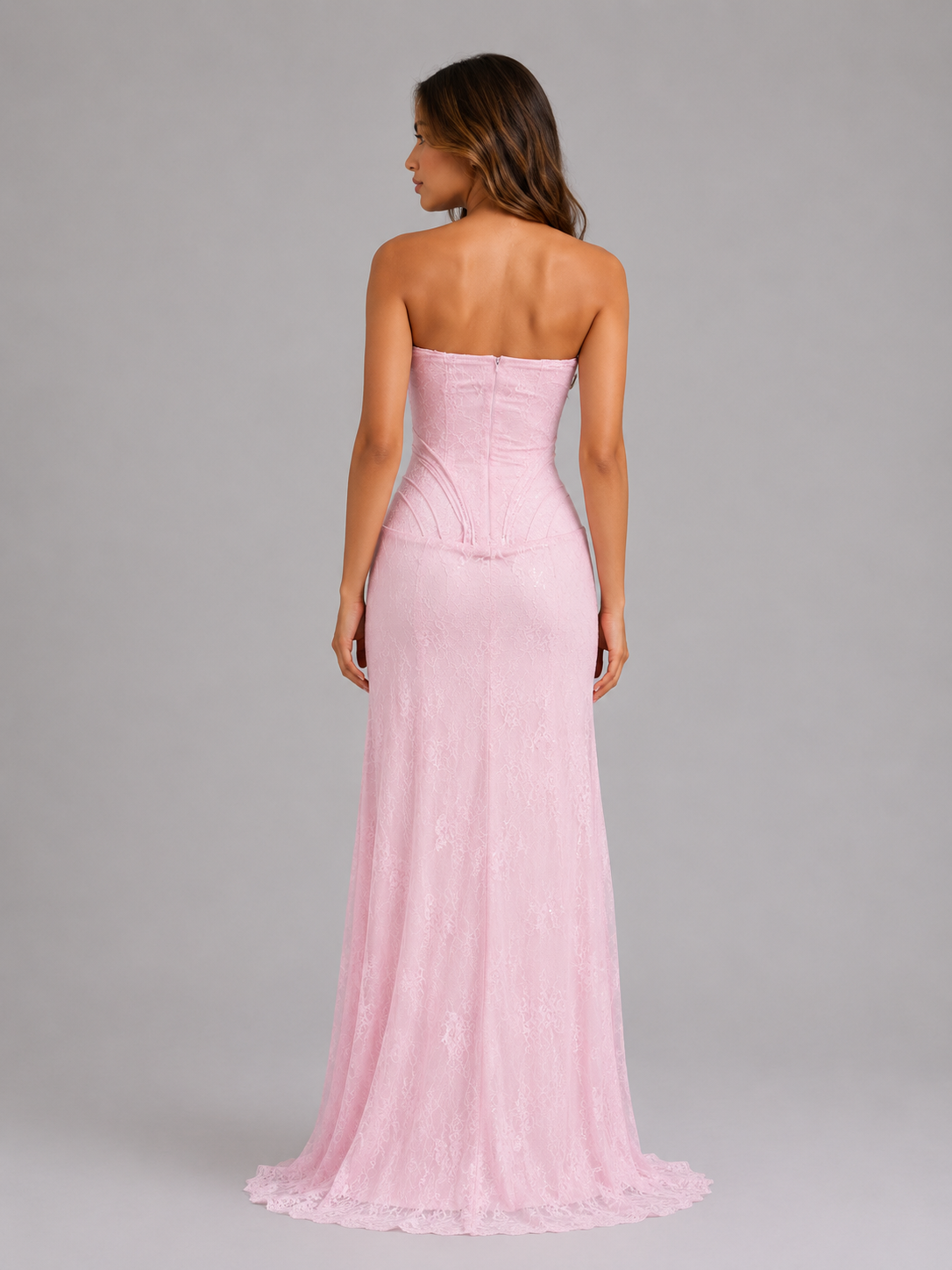 Mabel strapless lace corset evening gown - side view