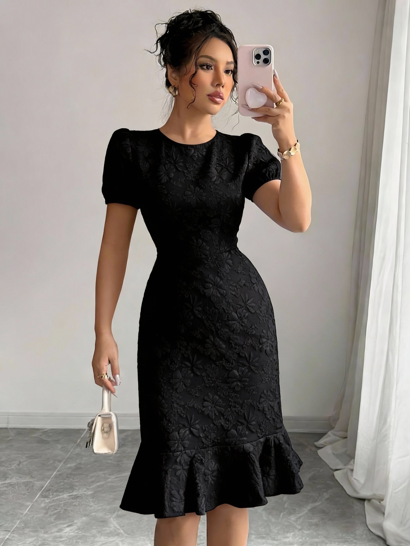 Marcella puff sleeve jacquard midi dress - side view
