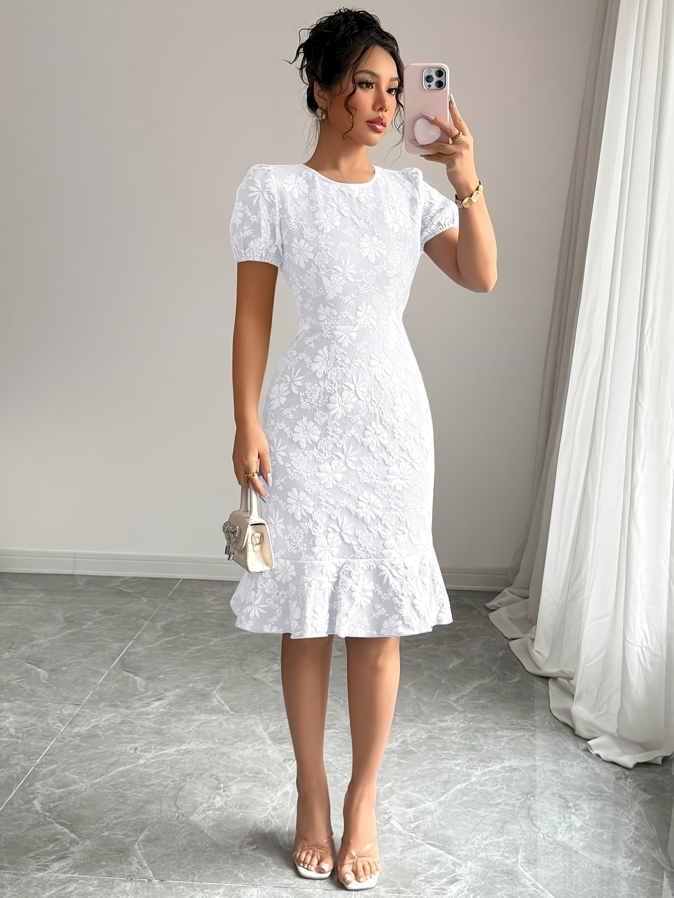 Marcella puff sleeve jacquard midi dress - back view